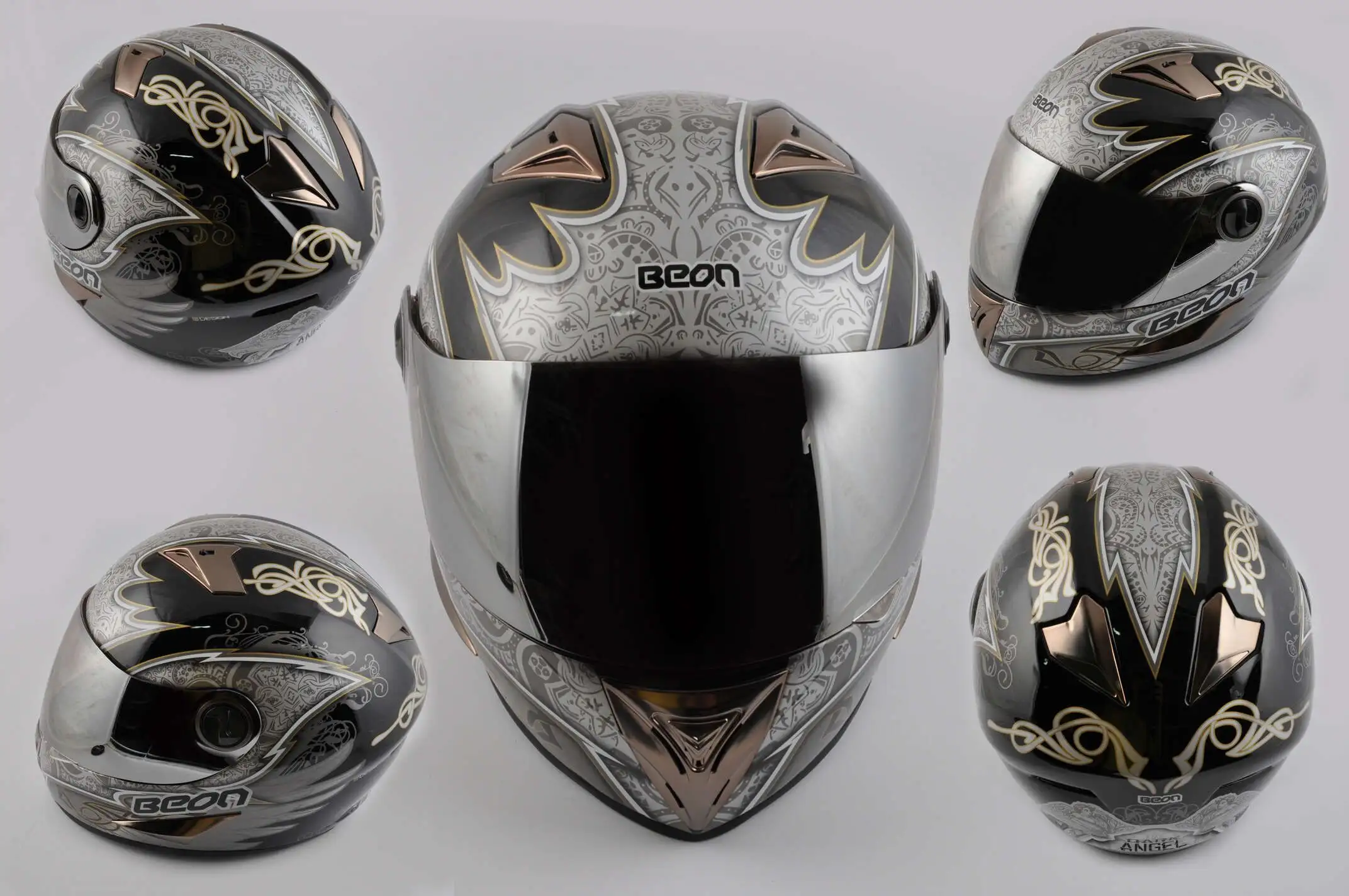 Шлем-интеграл (mod:B-500) (size:XL, черно-серый, зеркальный визор, DARK ANGEL) BEON