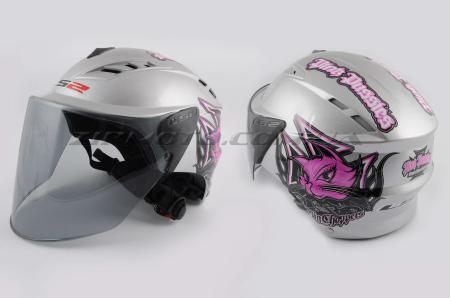 Шлем открытый   (mod:100) (аэроформа, черный визор) (size:L, серебро, PINK PUSSIES)   LS2 - 26541